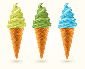 Three flavored ice cream cones isolated on white background : Vector Illustration