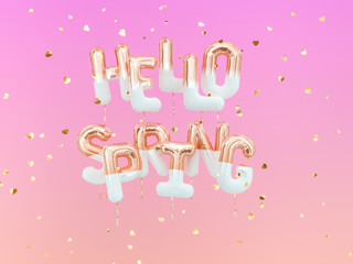 Hello Spring balloons gold text on pink confetti background, bright colors creative springtime banner. 3d rendering