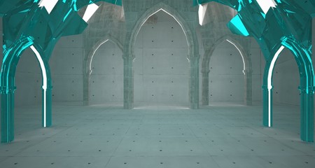 Abstract  concrete gothic interior with neon lighting. 3D illustration and rendering.