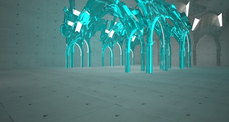 Abstract  concrete gothic interior with neon lighting. 3D illustration and rendering.