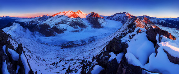Majestic view of Aletsch glacier, the largest glacier in Alps at UNESCO heritage and Bettmeralp, Valais, Switzerland, Europe (Aletschgletscher) valley in Eggishorn, Fiesch, Bernese Oberland First snow