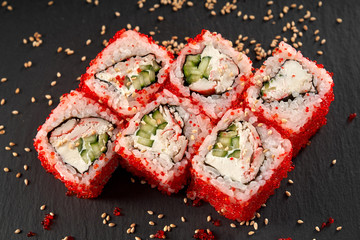 California uramaki roll with crab meat and cucumber.