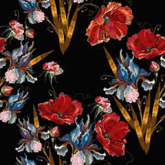 Spring blue irises and red poppies flowers, embroidery seamless pattern. Fashion art nouveau template for clothes, t-shirt design. Renaissance art