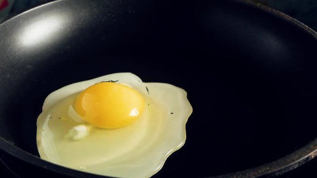 Three eggs are broken in the pan. Closeup