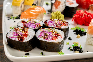 Delicious veggie rolls of sushi set.