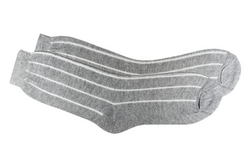 Grey cotton and nylon socks with white stripes isolated on white background
