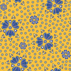 Vector tossed pretty floral blue and yellow seamless repeat pattern background.