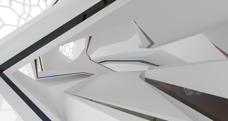 Abstract white and colored gradient glasses interior multilevel public space with window. 3D illustration and rendering.