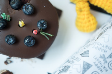 Delicious chocolate cake with birthday candles