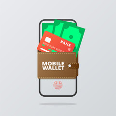 Mobile wallet background with smartphone, credit card and dollar banknotes.