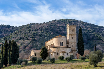 Fototapeta na wymiar The beautiful Abbey of Sant'Antimo, Montalcino, Siena, Tuscany, Italy