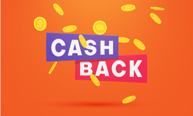 Money cashback orange poster with gold dollar coins. - 249673596