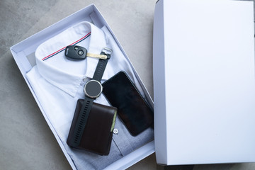 Set of men's clothing and accessories (Wallet, watch,mobile phone, car key) in box