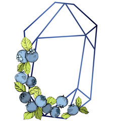 Vector Blueberry blue and green engraved ink art. Berries and green leaves. Frame border crystal ornament square.