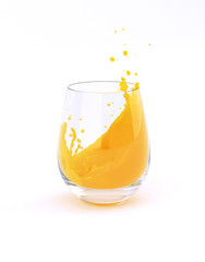 Naklejka na ściany i meble Glass of orange juice with splashes on white. 3d render