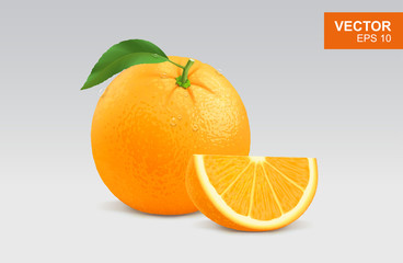 Realistic orange vector illustration, icon. 3d whole and slice of orange