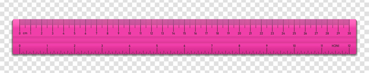 Realistic plastic pink tape ruler isolated on transparent background. Double sided measurement in cm and inches. Vector illustration