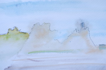 Water color landscape painting with mountain