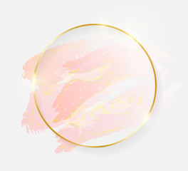 Gold shiny glowing round frame with rose pastel brush strokes isolated on white background. Golden luxury line border for invitation, card, sale, fashion, wedding, photo etc. Vector illustration