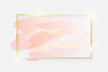 Gold shiny glowing rectangle frame with rose pastel brush strokes isolated on white background. Golden luxury line border for invitation, card, sale, fashion, wedding, photo etc. Vector illustration