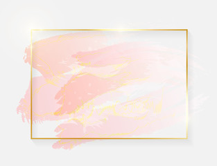 Gold shiny glowing rectangle frame with rose pastel brush strokes isolated on white background. Golden luxury line border for invitation, card, sale, fashion, wedding, photo etc. Vector illustration