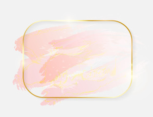 Gold shiny glowing rectangle frame with rose pastel brush strokes isolated on white background. Golden luxury line border for invitation, card, sale, fashion, wedding, photo etc. Vector illustration