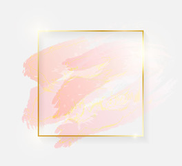 Gold shiny glowing square frame with rose pastel brush strokes isolated on white background. Golden luxury line border for invitation, card, sale, fashion, wedding, photo etc. Vector illustration