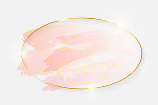 Gold shiny glowing oval frame with rose pastel brush strokes isolated on white background. Golden luxury line border for invitation, card, sale, fashion, wedding, photo etc. Vector illustration
