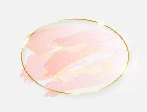Gold shiny glowing oval frame with rose pastel brush strokes isolated on white background. Golden luxury line border for invitation, card, sale, fashion, wedding, photo etc. Vector illustration