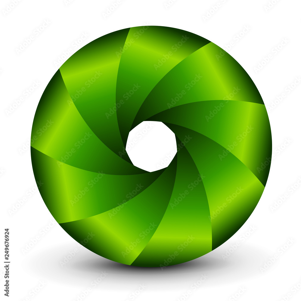 Poster symbol 3d, abstract lens design and green vector shutter.