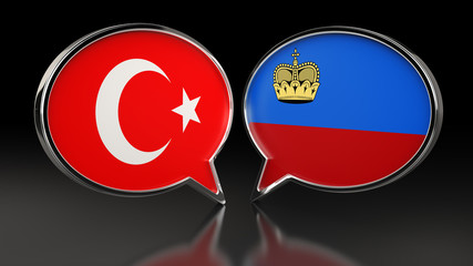 Turkey and Liechtenstein flags with Speech Bubbles. 3D illustration