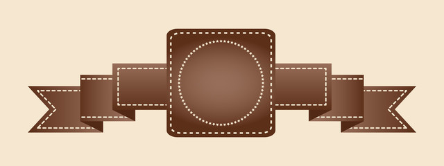 Embroidered flat style brown ribbon isolated on ivory background. Brown fabric vintage tape. Template for banner, award, sale, icon, logo, label, poster etc. Vector illustration