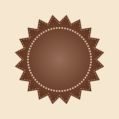 Embroidered flat style brown round stamp isolated on ivory background. Brown fabric vintage tape. Template for banner, award, sale, icon, logo, label, poster etc. Vector illustration