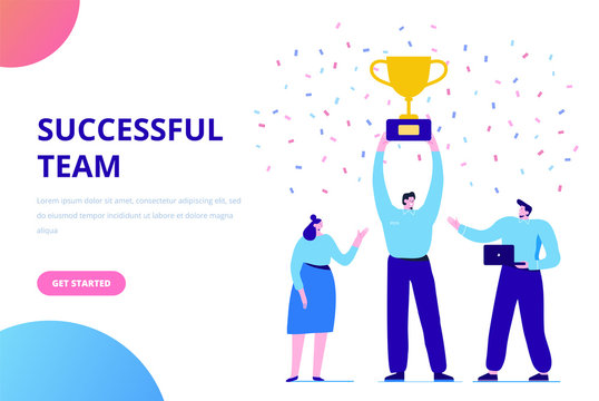 Business people character holding thropy and get reward standing on podium and celebrate. Team Work, Partnership, Leadership Concept. Flat vector illustration on white background. Modern style.