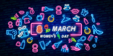 Glowing neon banner of world women's day on dark brick wall background. Spring greeting card to march 8 with rose flower and lettering. Vector illustration.