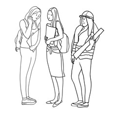 Set of drawings in vector, black and white linear illustrations, female professions, student, woman