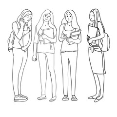 Set of drawings in vector, black and white linear illustrations, female professions, student, woman