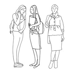 Set of drawings in vector, black and white linear illustrations, female professions, student, woman