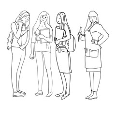 Set of drawings in vector, black and white linear illustrations, female professions, student, woman