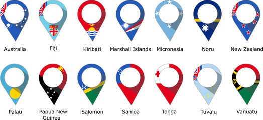 Flags in the form of a pin of the countries of Oceania with their names written below