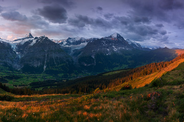 Wonderful scene of the snow rocky mountains. Picturesque morning above village in Swiss Alps, Grindelwald, Bernese oberland, Europe. Nice image of wallpaper. Explore the world´s beauty. Eiger, Monch