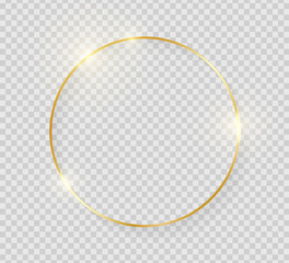 Gold shiny glowing vintage frame with shadows isolated on transparent background. Golden luxury realistic round border. Vector illustration