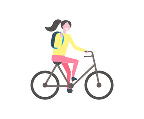 Obraz premium Student with backpack riding on bike, vector isolated cartoon character. Smiling college pupil on bicycle, woman with pony tail in flat style, person learner