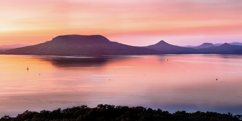Panorama view of lake balaton sunset, Fonyód, plattensee, hungary with Badacsony