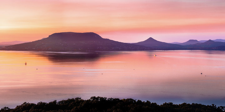 Panorama view of lake balaton sunset, Fony&oacute;d, plattensee, hungary with Badacsony