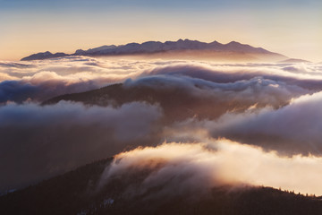 Foggy morning panorama of mountains valley. Few minutes after sunrise in Carpathian mountains, Europe. Beauty of nature concept background. Picturesque sunrise or sunset and gorgeous scene. Nature 