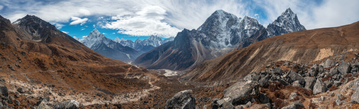 Great panoramic mountain range. Ama Dablam, Kangtega, Tobuche, Taboche. View from The Everest memorial near Dughla village.