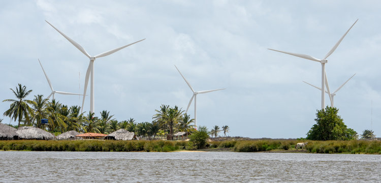 Windmills on the sand dunes of Lencois Maranhenses near Atins, Brazil