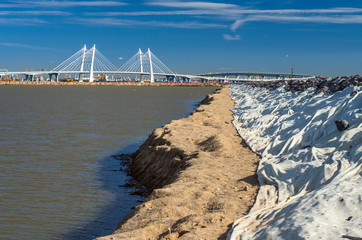 New cable-stayed bridge across the Neva. White large modern bridge on the seafront. St. Petersburg....