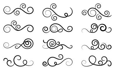 Swirl set of vector graphic elements for design, postcard, menu, wedding invitation, romantic style. Floral set of curls and scrolls. Vector illustration dividers and borders. 